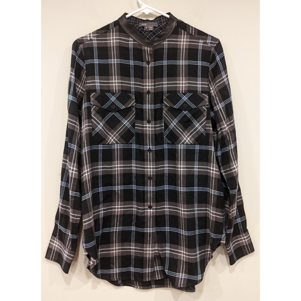 Vince Plaid Button Up Tunic with Leather Trim Mock Neck Collar Size 6